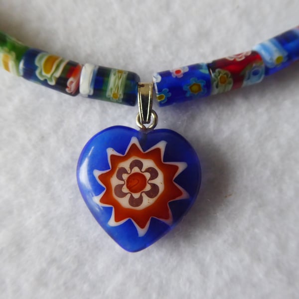 Millefiori Tube Bead Necklace with Millefiori Heart Pendant