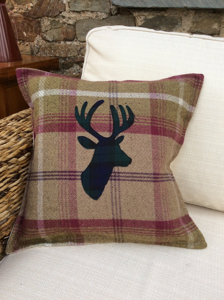 Stag Head Wool Balmoral Check Cushion Cover