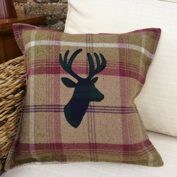 Stag Head Wool Balmoral Check Cushion Cover