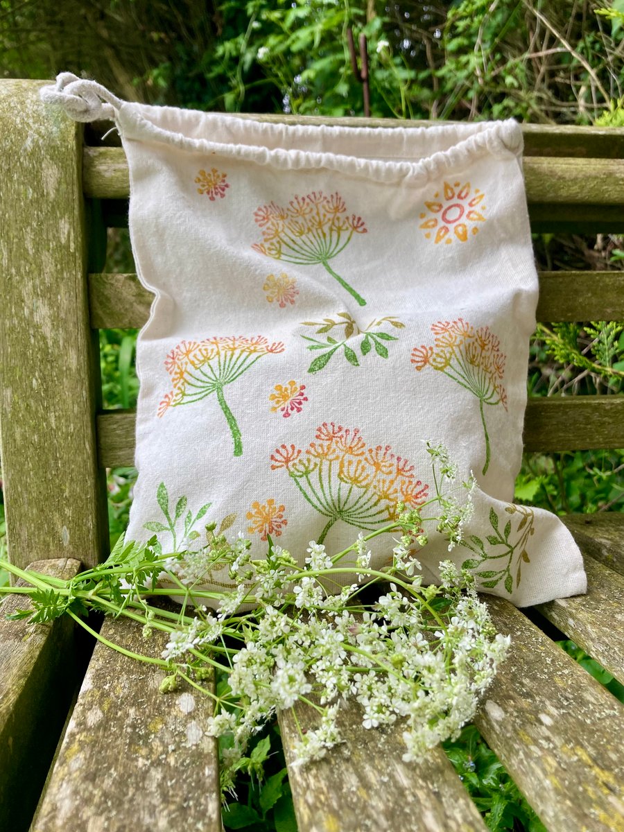 Large Block Printed Drawstring Bag Colourful Cow Parsley