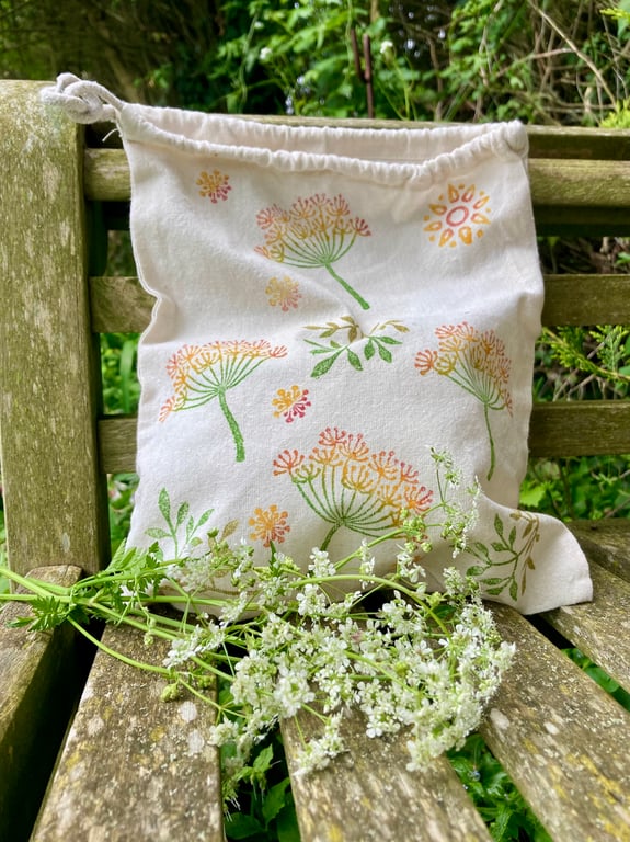 Large Block Printed Drawstring Bag Colourful Cow Parsley