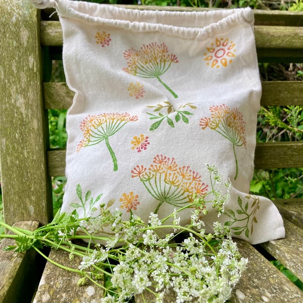 Large Block Printed Drawstring Bag Colourful Cow Parsley