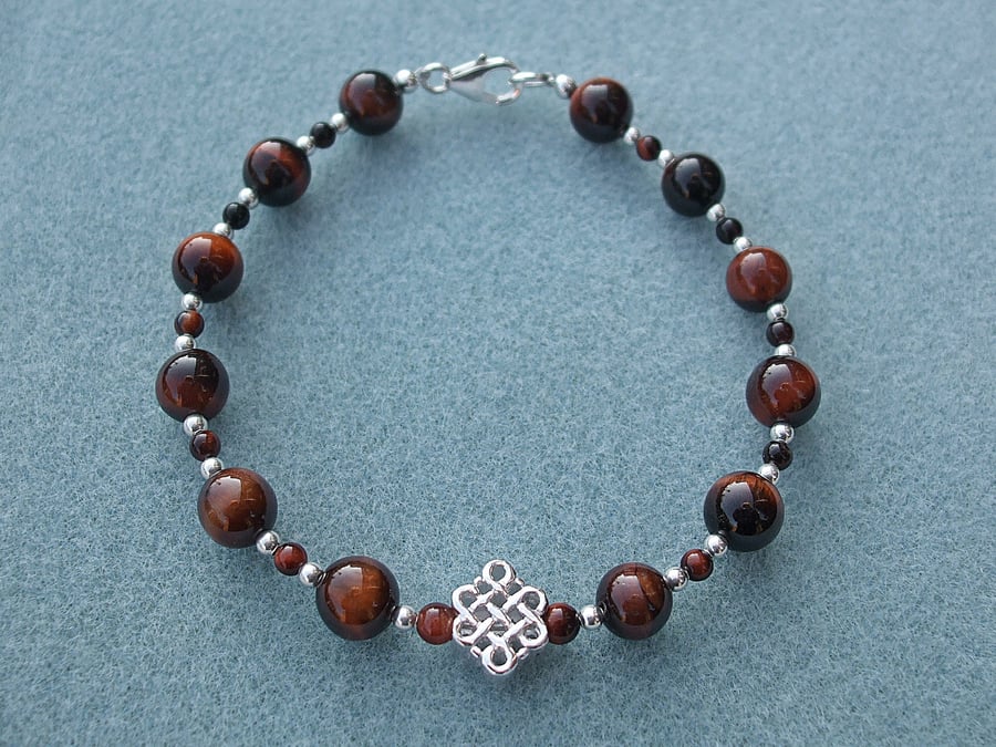 Red Tiger's Eye Bracelet with Celtic Endless Knot and Sterling Silver
