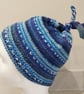 Handknit BLUES 3-5 TIE TOP BEANIE Stripey fairisle effect - Image 1
