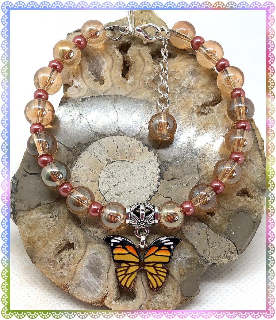 OOAK Enamelled yellow butterfly bangle style bracelet 