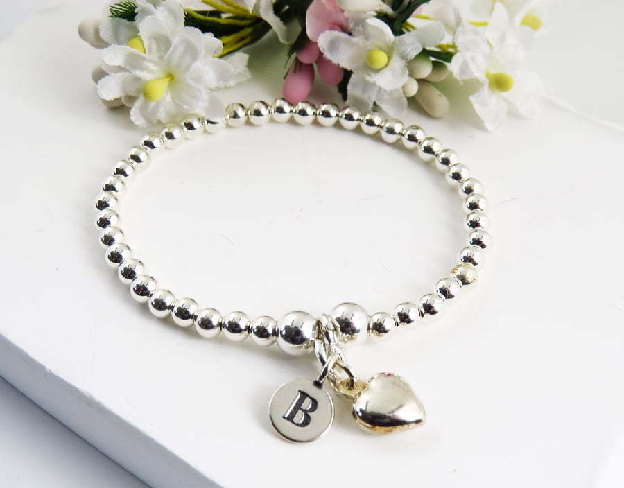925 Sterling Silver heart Initial Charm Beaded stacking Bracelet