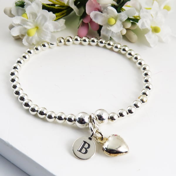 925 Sterling Silver heart Initial Charm Beaded stacking Bracelet