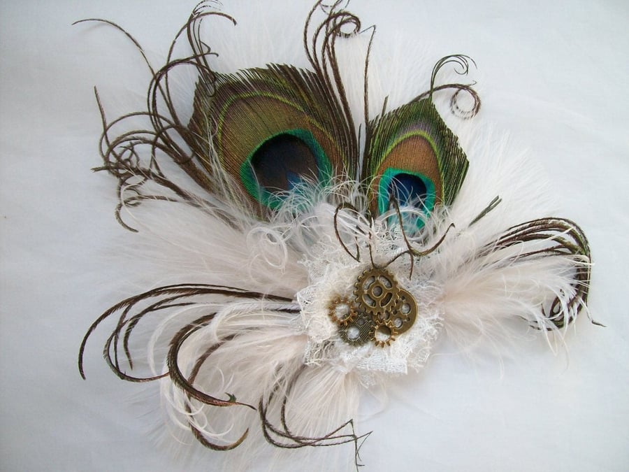 Small and Dainty Ivory Off White Steampunk Peacock Feather & Brass Cogs Bride 