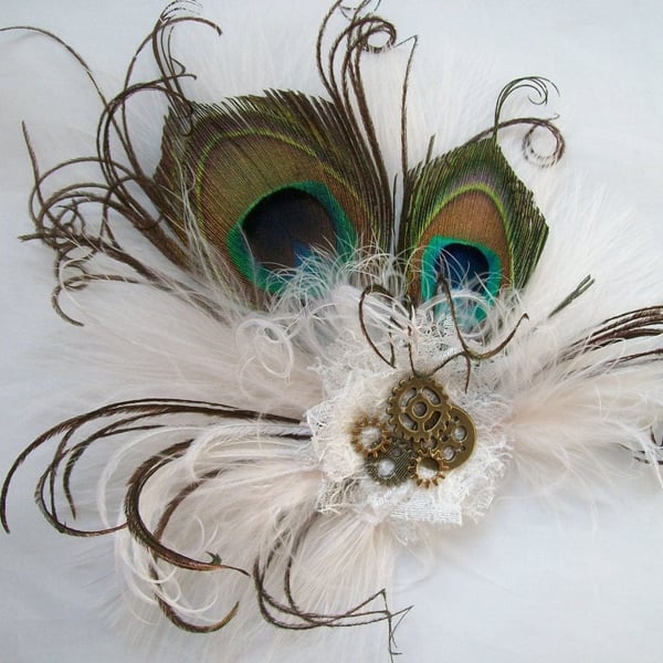 Small and Dainty Ivory Off White Steampunk Peacock Feather & Brass Cogs Bride 