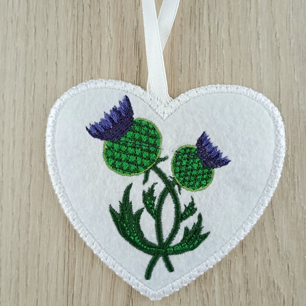 Embroidered Thistle Hanging Heart Decoration - Scottish Heart Decoration