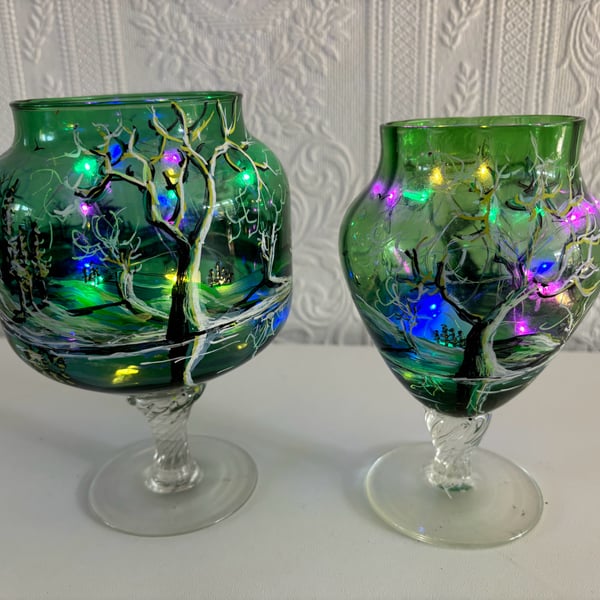 A pair of hand painted and fired glass vases by Andrew Jenkins 