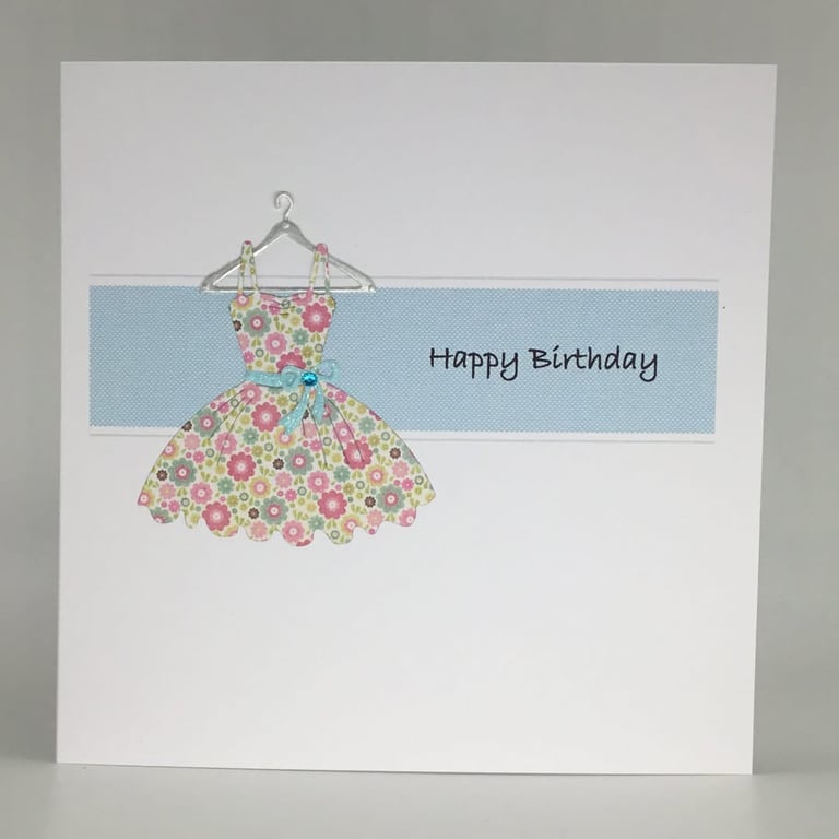 Floral print dress birthday card - blue