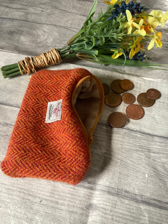 Harris Tweed Coin Purse Orange Herringbone