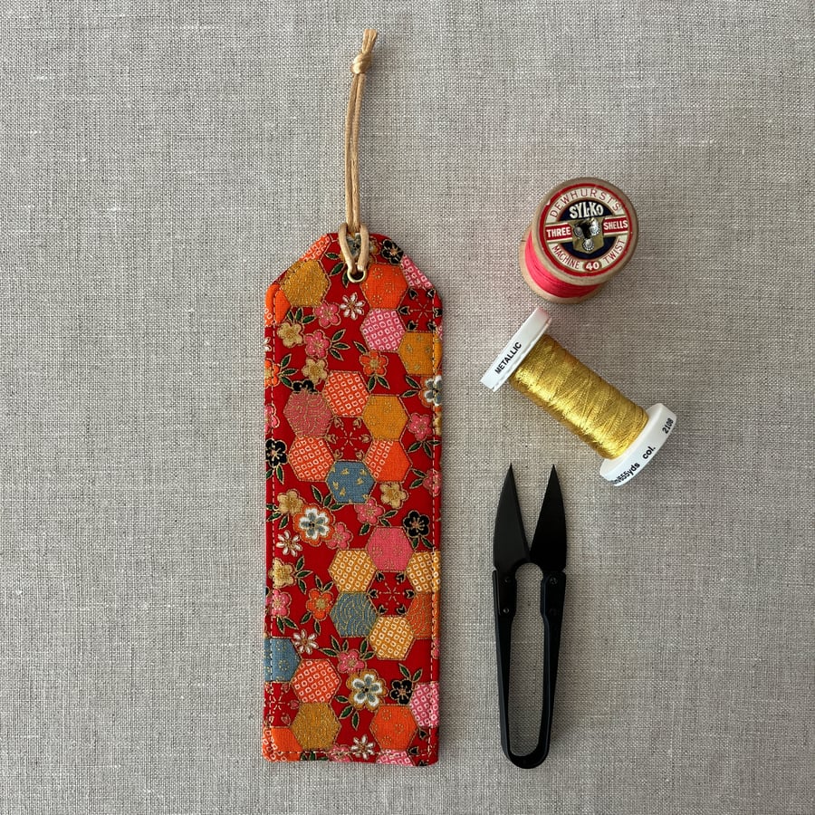 Bookmarks Japanese Fabric Red with Flowers and Hexagonal Patterns