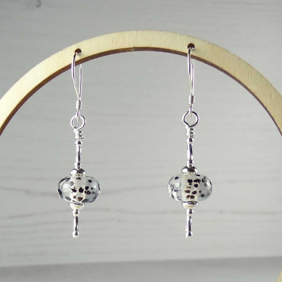 Black & clear speckled lampwork glass drop earrings, sterling silver, gift box