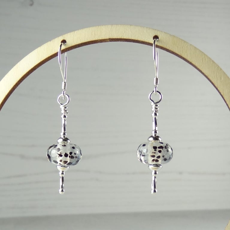 Black & clear speckled lampwork glass drop earrings, sterling silver, gift box