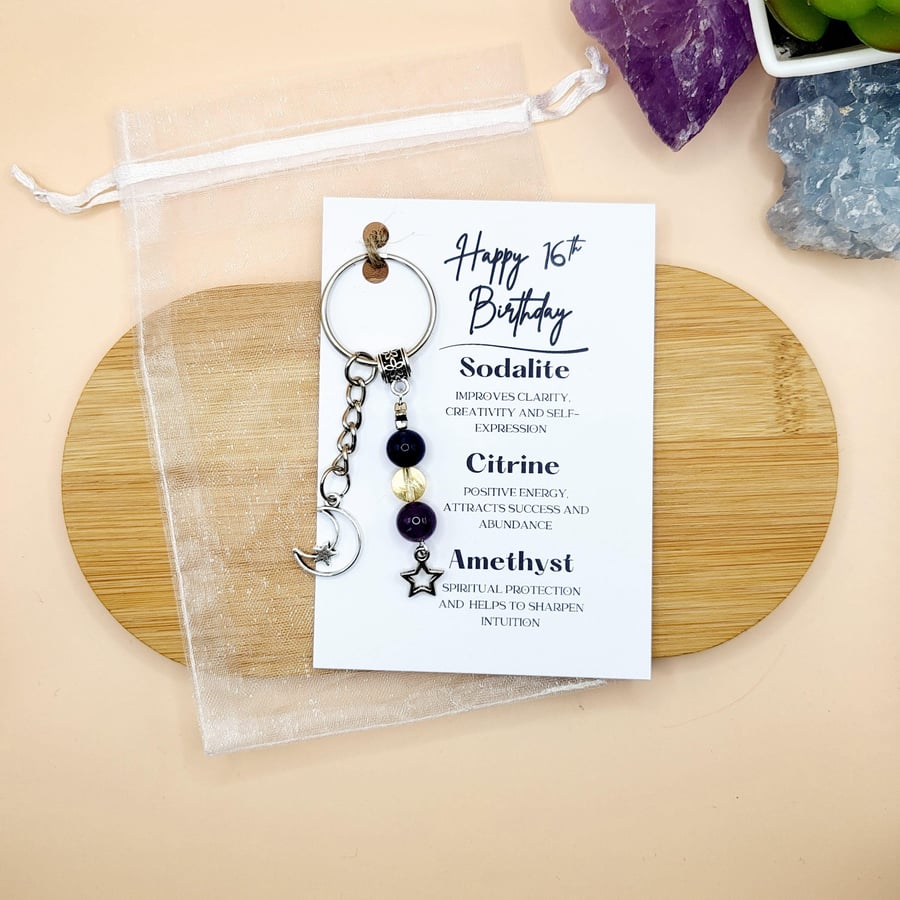 16th Birthday Keychain Gift, Gemstone Crystal Keyring Gift For Teenager Sweet 16