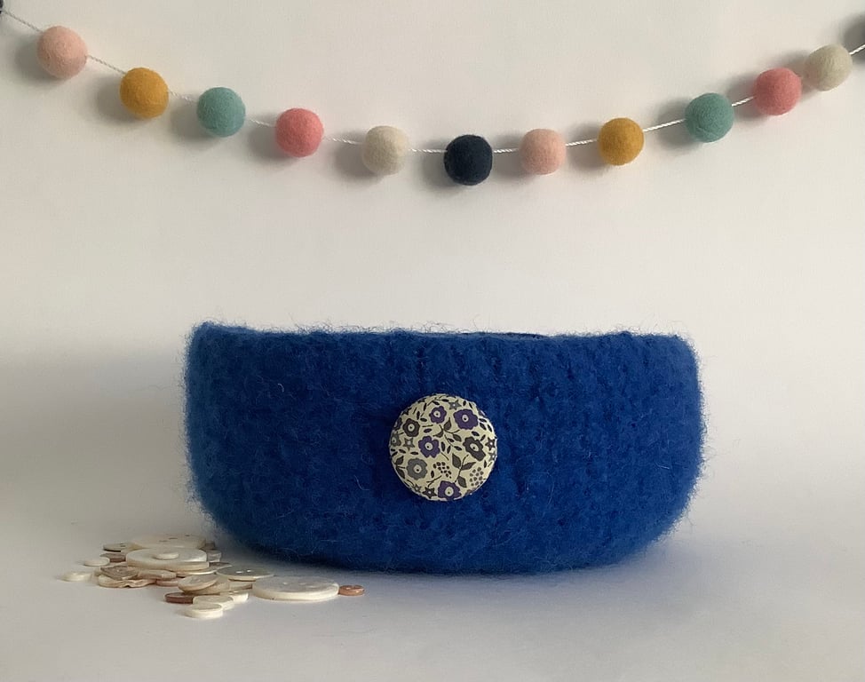 FELTED 'FUSSPOT' BOWL, desk tidy Cobalt. Blue. (with Liberty fabric button).