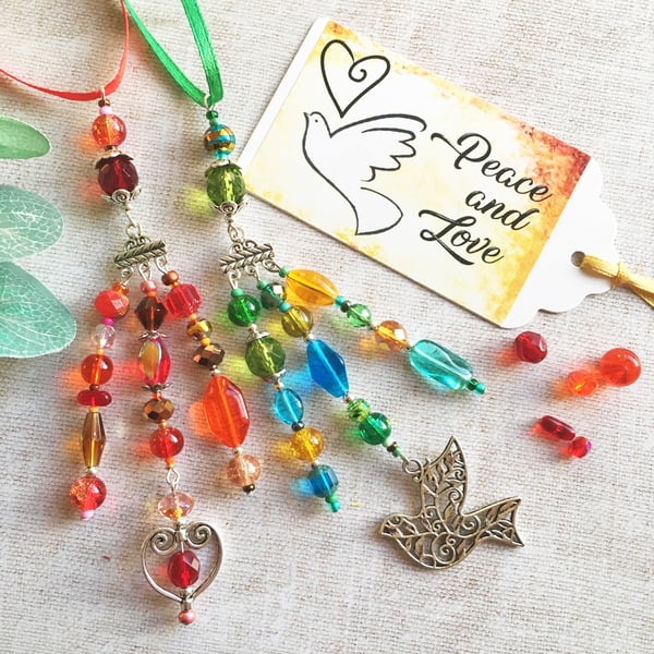 Beaded hanging decorations 'Peace and Love'. Beaded danglers, Christmas gift