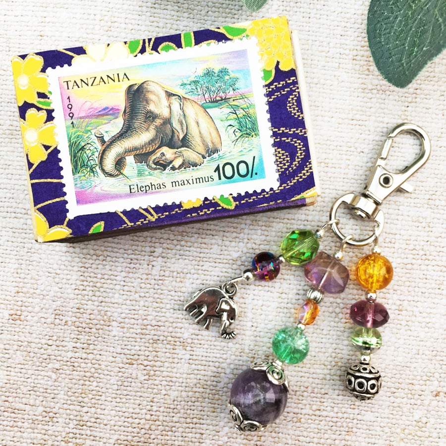 Elephant bag charm in upcycled vintage matchbox.