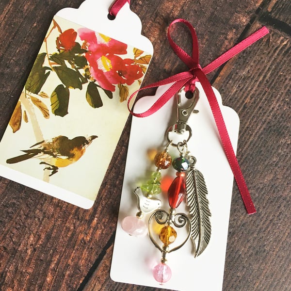 Bird bag charm, feather charm, gift for bird lover