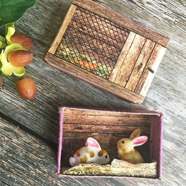 Matchbox art. Diorama - Rabbits in hutch. - Folksy