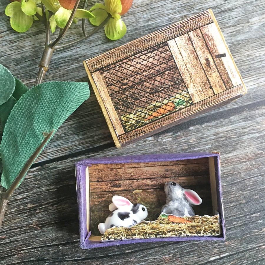 Matchbox art. Diorama - Rabbits in hutch. East... - Folksy