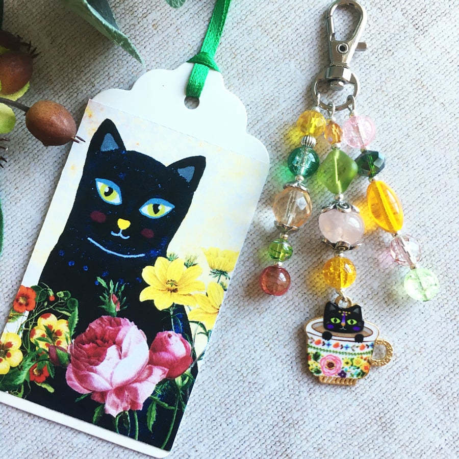 Bag charm. Black cat in a cuppa.