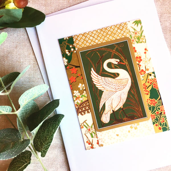 Handmade swan card, swan lover, vintage playing card