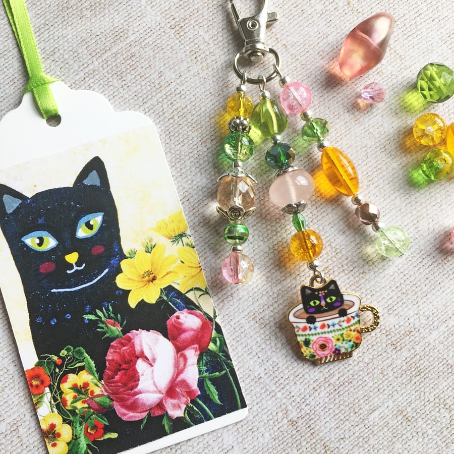 Bag charm. Black cat in a cuppa.