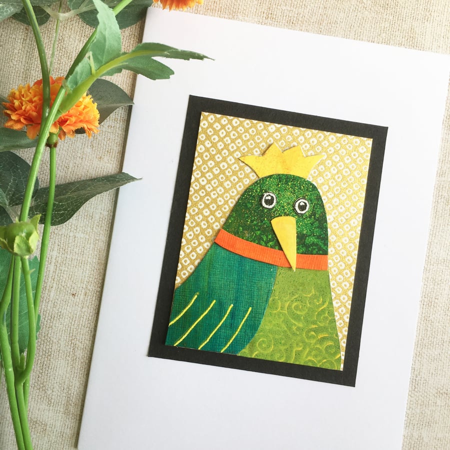 Handmade card. Quirky green bird