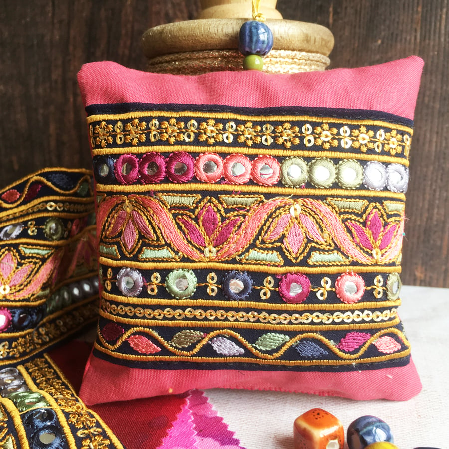 Handmade lavender bag. Indian embroidered trim in dusky pink.