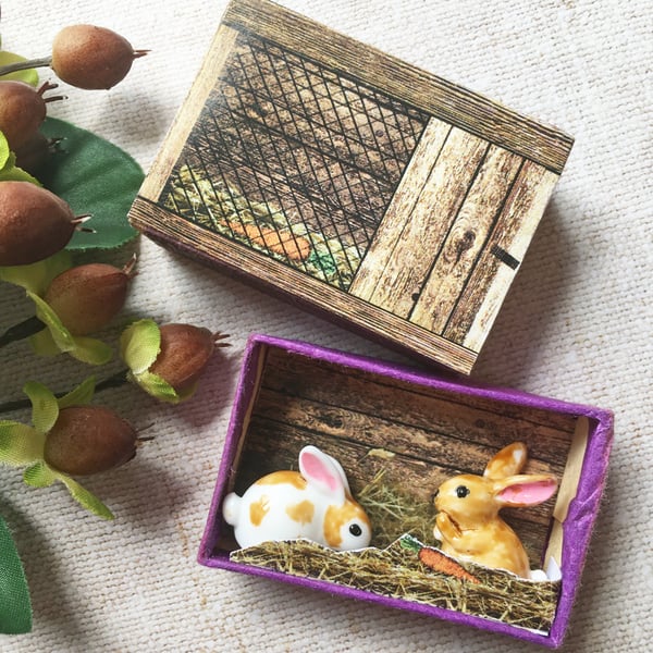 Matchbox art. Diorama - Rabbits in hutch. - Folksy