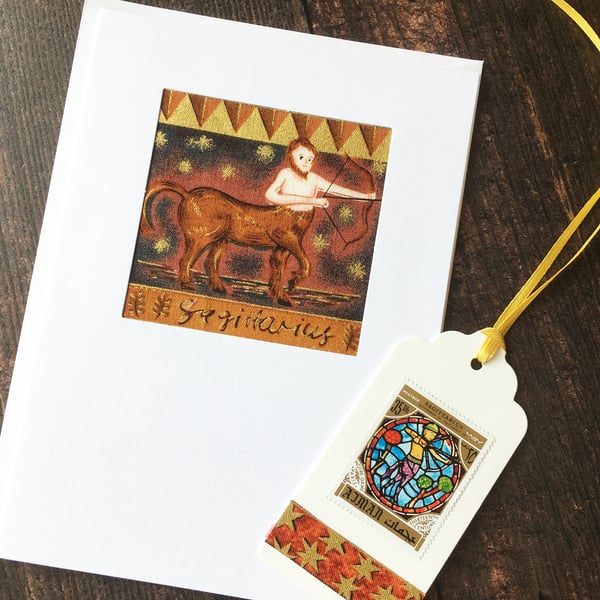 Sagittarius card. Handmade card and gift tag.