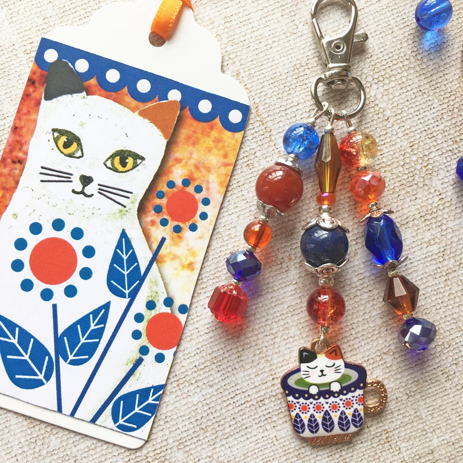 Cat bag charm, cat charm, white cat, cat in a cup