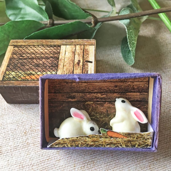 Matchbox art. Diorama, rabbits in hutch, white rabbit, bunnies