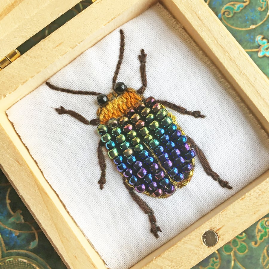 Beaded beetle in wooden box. Embroidered beetle, keepsake, gift for beetle lover
