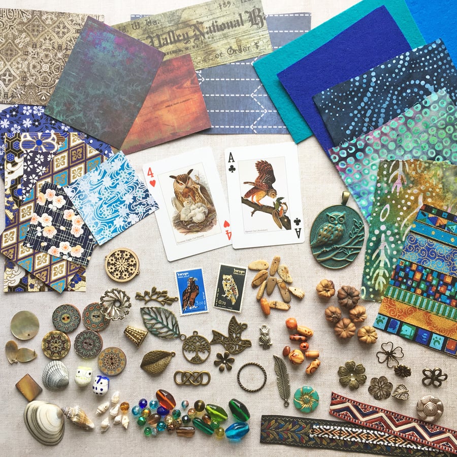 Craft stash, mixed media kit, craft bundle, craft kit, craft supplies, owl lover