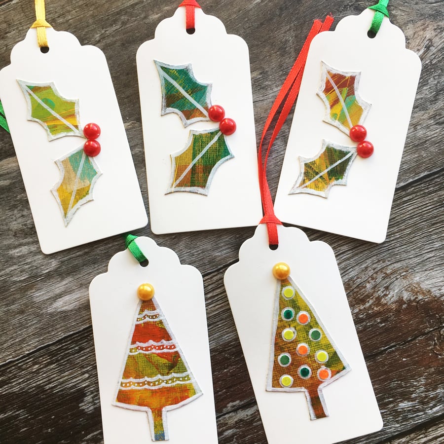 Set of five handmade Christmas gift tags