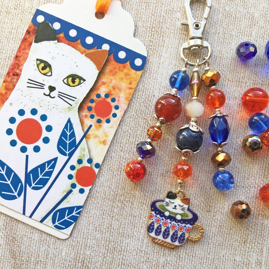 Cat bag charm, cat charm, white cat, cat in a cup