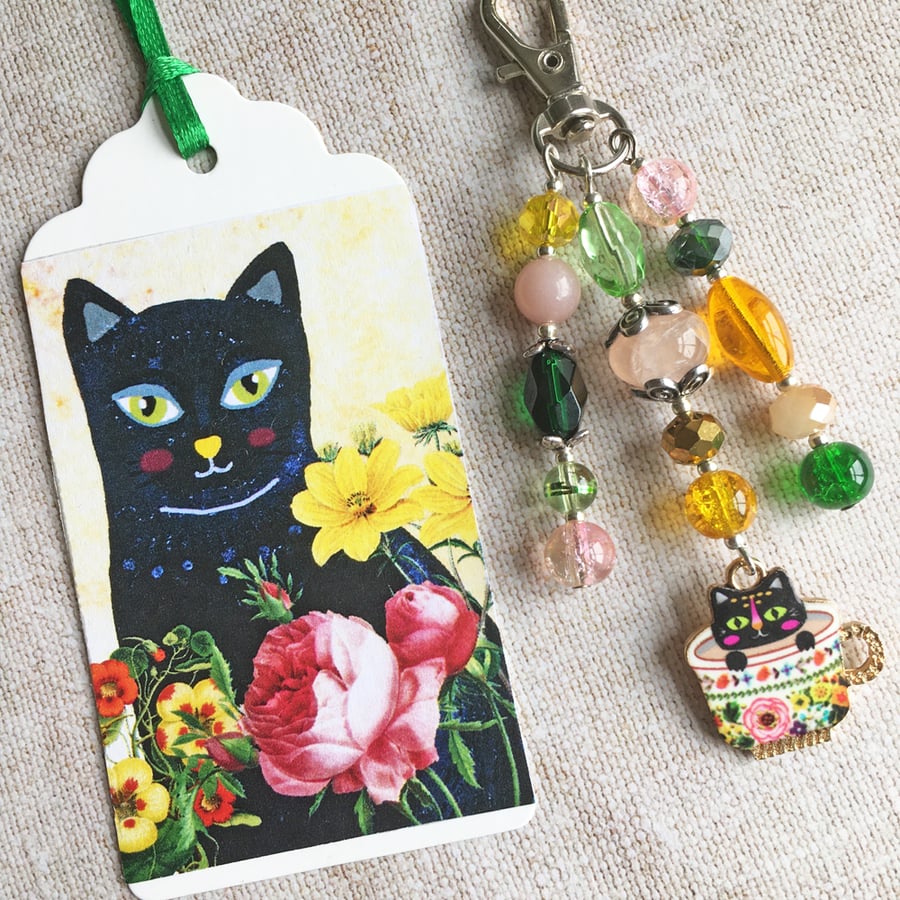 Bag charm. Black cat in a cuppa.