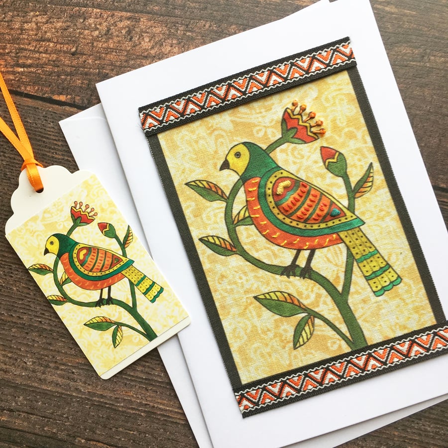 Handmade card. Folk bird, fabric card, Fraktur bird, card for bird lover