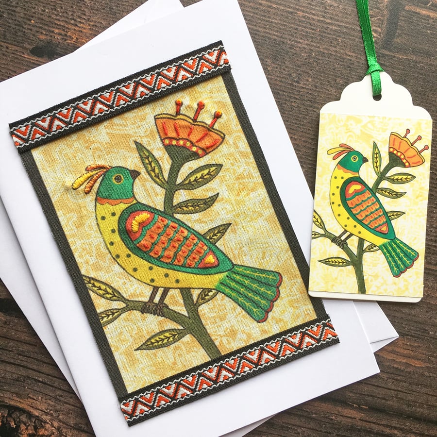 Handmade card. Folk bird, fabric card, quirky card, card for bird lover