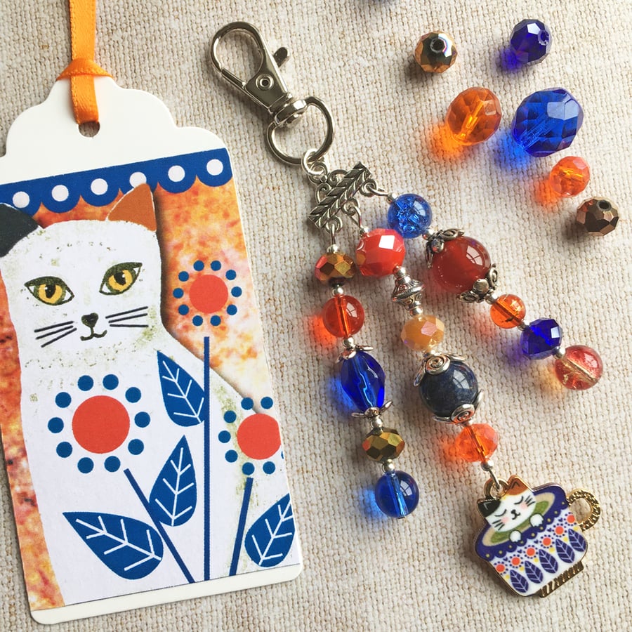 Cat bag charm, cat charm, white cat, cat in a cup