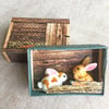 Matchbox art. Diorama -  Rabbits in hutch, rabbit gift, rabbit lover, bunnies