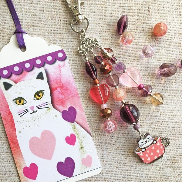 Bag charm. White cat in a cup, cat charm, cat bag charm, gift for cat lover