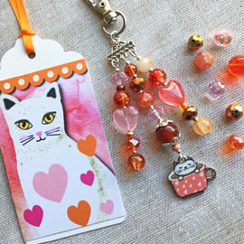 Bag charm. White cat in a cup, cat charm, cat bag charm, gift for cat lover