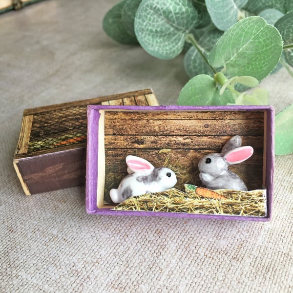 Matchbox art, easter gift, rabbits in hutch, rabbit gift, rabbit lover, bunnies