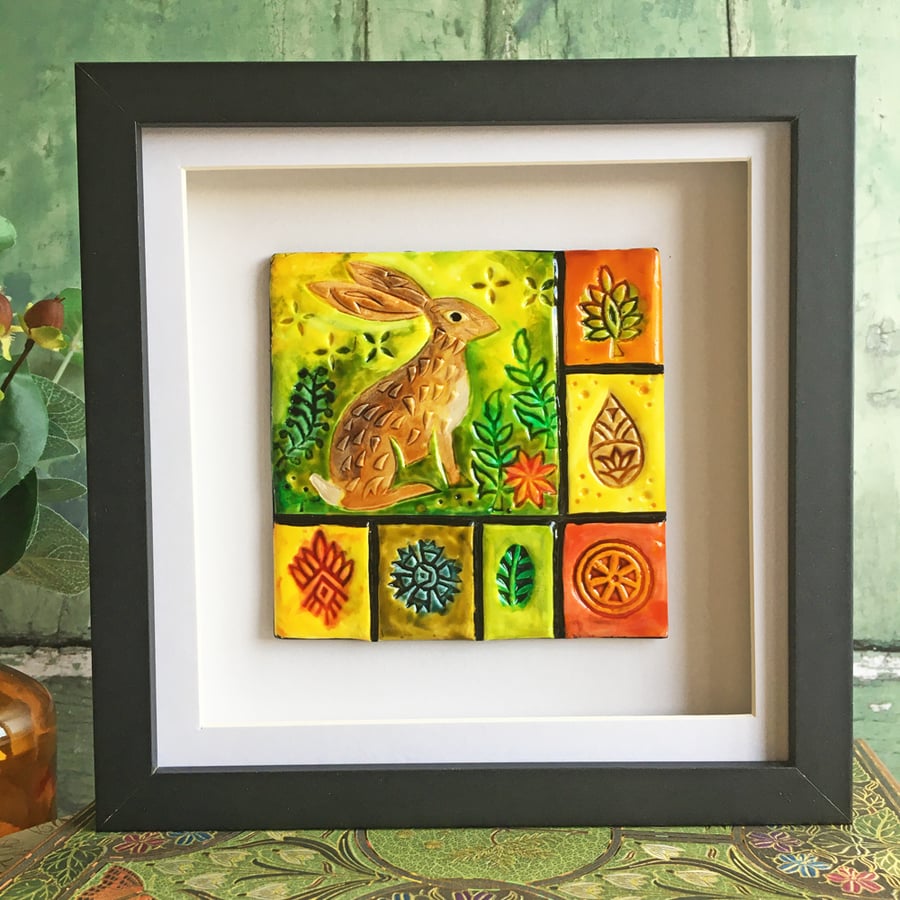 Handmade tile with blockprint hare, gift for hare lover, hare art, hare picture