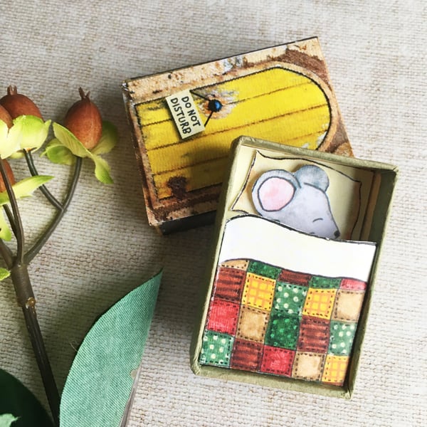 Matchbox art of mouse asleep. Gift for mouse lover. Sleeping mouse keepsake gift